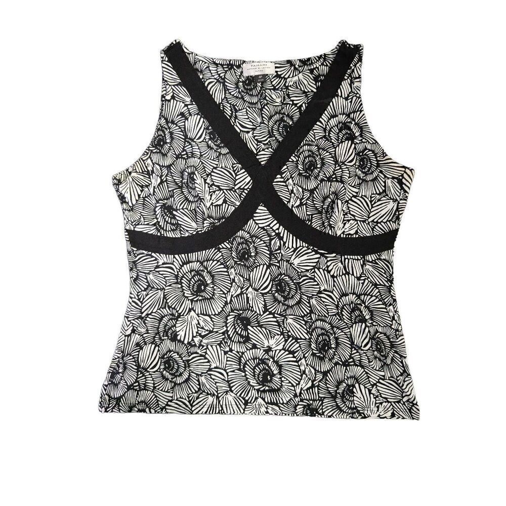 TAHARI Women's Lightweight Stretch Black and White Printed Tank Top Multicolor S